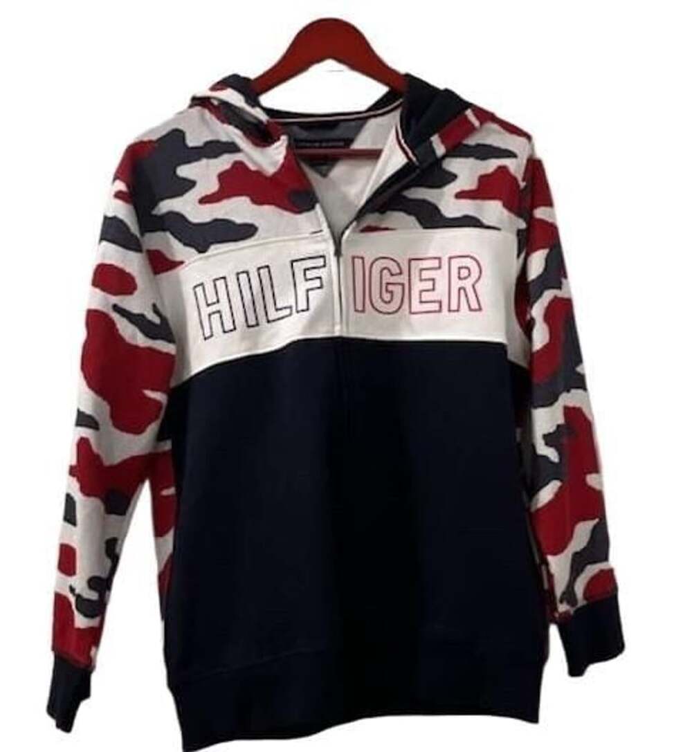Tommy Hilfiger Camo Quarter-Zip Hoodie Size L/G (16/18) Red White Blue